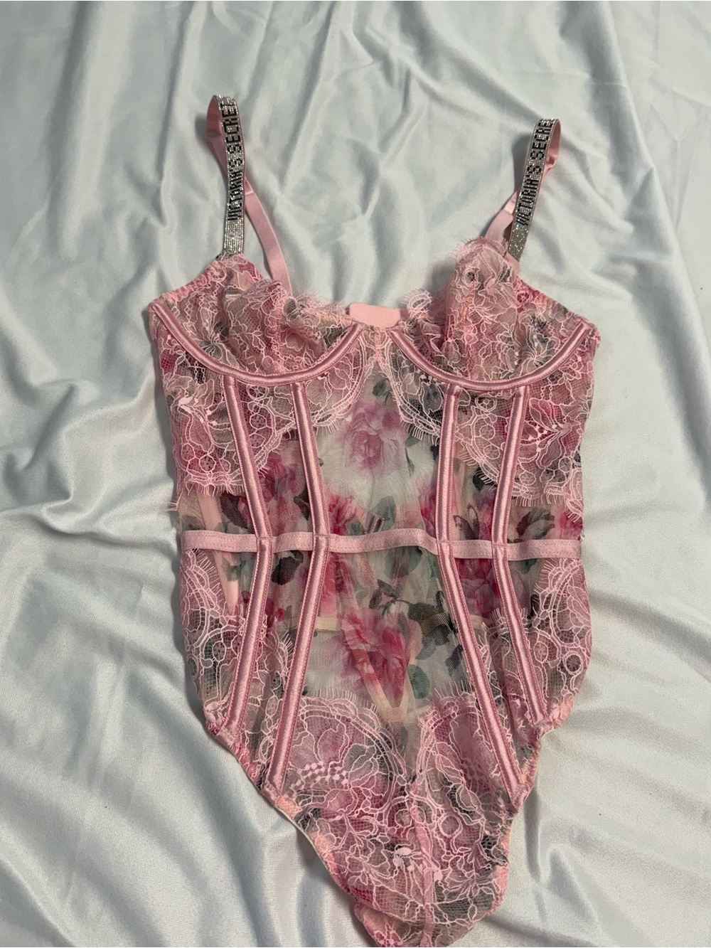Victoria's Secret Pink Floral Lace Bodysuit with Rhinestone Logo Shine Straps